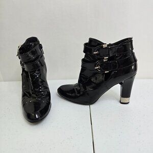 $435 Stuart Weitzman US 5.5 Black Patent Strap Buckle Ankle Boots Booties Silver